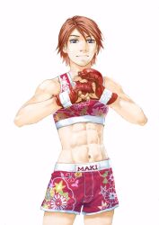 Rule 34 | 1girl, abs, all rounder meguru, blue eyes, brown hair, closed mouth, endo hiroki, fingerless gloves, gloves, highres, kamiya maki, looking at viewer, mixed martial arts, mma gloves, navel, red gloves, short hair, shorts, simple background, solo, sports bra, white background