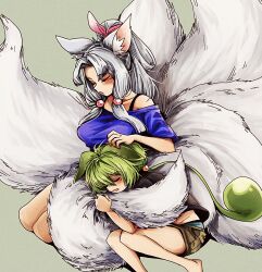 Rule 34 | 2girls, :o, alternate costume, animal ear fluff, animal ears, blush, breasts, brown shirt, brown shorts, closed eyes, collarbone, commentary request, curtained hair, fox ears, fox girl, green hair, grey hair, groin, half updo, hand on another&#039;s head, highres, hugging another&#039;s tail, hugging tail, kitsune, lap pillow, large breasts, long hair, low ponytail, lying, midriff peek, multiple girls, multiple tails, natsu tuna, off-shoulder shirt, off shoulder, on side, open mouth, panties, pantyshot, ponytail, purple shirt, seiza, shirt, short shorts, short sleeves, shorts, sidelocks, sitting, sleeping, spaghetti strap, tail, touhoku itako, underwear, very long hair, voiceroid, voicevox, zundamon