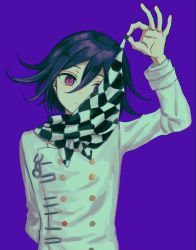 Rule 34 | 1boy, arm behind back, arm up, checkered clothes, checkered neckwear, checkered scarf, closed mouth, danganronpa (series), danganronpa v3: killing harmony, hair between eyes, highres, long sleeves, male focus, neckwear lift, oma kokichi, purple background, purple eyes, purple hair, renshu usodayo, scarf, simple background, solo, straitjacket