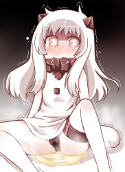 Rule 34 | 10s, 1girl, abyssal ship, bare legs, black panties, blush, cameltoe, colored skin, covered mouth, crying, horns, kantai collection, long hair, mittens, nigakuri, northern ocean princess, pale skin, panties, pee, peeing, peeing self, scared, shaking, simple background, solo, tears, trembling, underwear, wet, wet clothes, wet panties, white hair, white skin