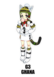 Rule 34 | 1girl, 2014 fifa world cup, absurdres, animal ears, blowing bubbles, cat ears, chewing gum, full body, ghana, grey eyes, hands in pockets, hat, highres, original, personification, red hair, simple background, skirt, solo, standing, tail, white background, world cup, yu yanshu