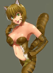Rule 34 | 1990s (style), 1girl, animal ears, bad id, bad pixiv id, breasts, brown hair, cat ears, fang, fur, green eyes, grey background, kitten (monster farm), monster farm, monster girl, navel, retro artstyle, short hair, simple background, solo, tail, tkln, tongue, tongue out