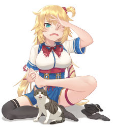 Rule 34 | 1girl, absurdres, akai haato, akai haato (1st costume), aqua eyes, blonde hair, blush, cat, fangs, hair ribbon, highres, holding feet, hololive, kazuyan, nose pinch, one eye closed, open mouth, ribbon, simple background, sitting, solo, surprised, tabby cat, thigh strap, thighhighs, unworn thighhighs, virtual youtuber, white background, zettai ryouiki