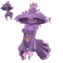 Rule 34 | 1girl, :3, breasts, collarbone, colored sclera, colored skin, creatures (company), female focus, full body, game freak, gem, gen 4 pokemon, half-closed eyes, happy, hat, highres, large breasts, looking to the side, mismagius, nintendo, no nipples, official art inset, open mouth, orange eyes, pokemon, pokemon (creature), purple hat, purple skin, red gemstone, reference inset, simple background, smile, solo, telepurte, white background, witch hat, yellow sclera
