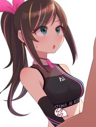 Rule 34 | 1boy, 1girl, :o, aqua eyes, arms at sides, bare shoulders, black choker, black shirt, blouse, blush, bow, breasts, brown hair, character name, choker, clothed female nude male, covered erect nipples, crop top, detached sleeves, hairband, highres, kizuna ai, kizuna ai (musician), kizuna ai inc., logo, long hair, looking at another, medium breasts, midriff, multicolored hair, no nose, nude, off-shoulder shirt, off shoulder, official alternate costume, open mouth, organ rn, pink bow, pink hairband, ponytail, shirt, sidelocks, simple background, solo focus, speech bubble, sports bra, streaked hair, sweatdrop, swept bangs, taut clothes, upper body, upturned eyes, virtual youtuber, white background