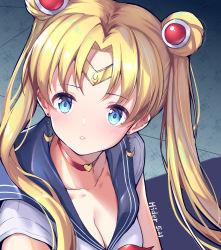 Rule 34 | 1girl, absurdres, bishoujo senshi sailor moon, bishoujo senshi sailor moon s, blonde hair, blue eyes, blue sailor collar, blush, breasts, choker, circlet, cleavage, collarbone, commentary request, crescent, crescent earrings, derivative work, earrings, gao2519, hair ornament, hair over shoulder, heart, heart choker, highres, jewelry, long hair, meme, parted bangs, parted lips, red choker, sailor collar, sailor moon, sailor moon redraw challenge (meme), short sleeves, solo, teeth, tsukino usagi, twintails, upper body