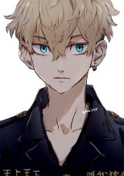 Rule 34 | 1boy, black shirt, blonde hair, closed mouth, commentary request, earrings, green eyes, hair between eyes, hoop earrings, jewelry, lapels, male focus, matsuno chifuyu, nori20170709, notched lapels, shirt, short hair, simple background, single earring, solo, tokyo revengers, twitter username, undercut, white background