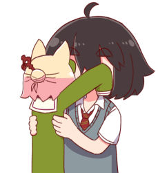 Rule 34 | 2girls, ahoge, animal ears, black hair, blonde hair, collared shirt, diagonal-striped clothes, diagonal-striped necktie, diagonal-striped neckwear, facing away, fox ears, grey shirt, hair bun, hair ornament, highres, holding, kemomimi-chan (naga u), long sleeves, multiple girls, naga u, naga u-chan, necktie, original, outstretched arms, red neckwear, shirt, short eyebrows, short sleeves, simple background, single hair bun, sleeves past fingers, sleeves past wrists, striped clothes, striped necktie, striped neckwear, sweater vest, thick eyebrows, upper body, white background, white shirt