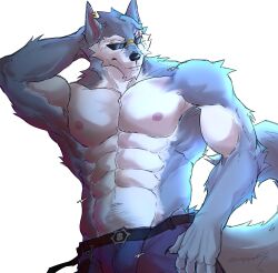 Rule 34 | 1boy, abs, absurdres, animal ears, arm behind head, bara, blue pants, commentary, dislyte, ear piercing, earrings, english commentary, furry, furry male, highres, jewelry, male focus, muscular, muscular male, nipples, pants, pectorals, piercing, sunglasses, tail, topless male, twitter username, white background, wolf boy, wolf ears, wolf tail, zappitoo (kaiserdraws)