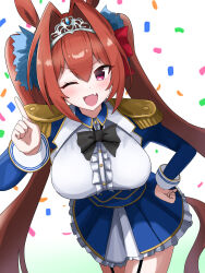 Rule 34 | 1girl, absurdres, animal ears, black bow, black bowtie, blue dress, bow, bowtie, buttons, center frills, commentary request, confetti, daiwa scarlet (umamusume), double-breasted, dress, epaulettes, fang, frills, garter straps, hair intakes, hand on own hip, highres, horse ears, horse girl, horse tail, juliet sleeves, long hair, long sleeves, one eye closed, open mouth, pink eyes, pleated skirt, puffy sleeves, red hair, simple background, skin fang, skirt, smile, solo, tail, theon (te2eo), tiara, twintails, umamusume, v-shaped eyebrows, very long hair, white background