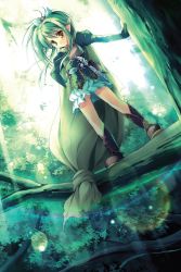 Rule 34 | 1girl, boots, cape, elf, eternal fantasy, fantasy, forest, green hair, hair ornament, highres, in tree, long hair, miniskirt, nature, pointy ears, skirt, solo, standing, tree, yellow eyes