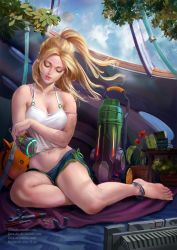Rule 34 | 1girl, amputee, anklet, arm cannon, barefoot, blonde hair, bra, breasts, cameltoe, cleavage, closed eyes, collarbone, commentary, earrings, english commentary, eyelashes, firez, flower, full body, hair ornament, hair scrunchie, high ponytail, highres, indoors, jewelry, lips, mechanical arms, medium breasts, metroid, navel, nintendo, nose, pink bra, repairing, samus aran, science fiction, scrunchie, short shorts, shorts, single mechanical arm, solo, strap slip, toes, tools, underwear, watermark, weapon, web address, window