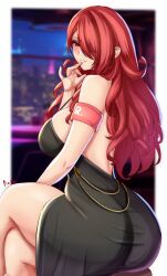 Rule 34 | 1girl, alternate costume, anisdrawn, armband, ass, backless dress, backless outfit, bare shoulders, black dress, breasts, chain, commentary, crossed legs, dress, eyeshadow, grin, hand up, highres, kirijou mitsuru, large breasts, long hair, looking at viewer, makeup, meme attire, modakawa dress, persona, persona 3, red eyes, red hair, sitting, sleeveless, sleeveless dress, smile, solo, strap gap, thighs, very long hair