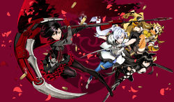 Rule 34 | 4girls, belt, black hair, blake belladonna, blonde hair, blue eyes, boots, breasts, cape, cleavage, fingerless gloves, gauntlets, gloves, hair ribbon, highres, holding, holding sword, holding weapon, jacket, long hair, maroon background, miwa shirow, multiple girls, open mouth, pantyhose, petals, ponytail, purple eyes, rapier, red background, ribbon, ruby rose, rwby, scar, scarf, scythe, shell casing, short hair, grey eyes, skirt, smile, sword, thighhighs, twin blades, weapon, weiss schnee, white hair, yang xiao long, zettai ryouiki