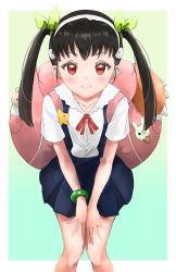 Rule 34 | 1girl, absurdres, backpack, bag, black hair, blue skirt, bow, gradient background, green bow, hachikuji mayoi, hair bow, hairband, highres, leaning forward, long hair, looking at viewer, monogatari (series), naoetsu high school uniform, red eyes, school uniform, shinobu1407, shirt, simple background, skirt, smile, solo, star (symbol), suspender skirt, suspenders, twintails, white hairband, white shirt