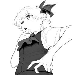 Rule 34 | 1girl, ascot, bow, collared shirt, frogsnake, greyscale, hair bow, hand on own hip, looking ahead, monochrome, open mouth, rumia, sharp teeth, shirt, short hair, short sleeves, solo, teeth, touhou, vest, waistcoat