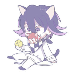 Rule 34 | 2boys, :3, animal ears, artist name, ball, belt, black footwear, black jacket, black scarf, blush stickers, cat ears, cat tail, checkered clothes, checkered scarf, chibi, closed mouth, colored tips, commentary, danganronpa (series), danganronpa v3: killing harmony, denim, english commentary, grey eyes, grin, hair between eyes, holding, holding ball, hoshi ryoma, jacket, jeans, kemonomimi mode, layered sleeves, leather, leather jacket, loiodg, long sleeves, looking at another, male focus, mini person, miniboy, multicolored hair, multiple boys, oma kokichi, open belt, orange hair, pants, purple eyes, purple hair, scarf, shoes, short hair, simple background, sitting, sleeves past wrists, smile, tail, tennis ball, thigh belt, thigh strap, torn clothes, torn jeans, torn pants, two-tone scarf, white background, white belt, white jacket, white pants, white scarf