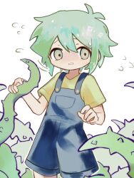 Rule 34 | 1boy, basil (headspace) (omori), basil (omori), blue overalls, flying, flying sweatdrops, green eyes, green hair, highres, male focus, mita ru0, omori, overall shorts, overalls, parted lips, plant, shirt, short hair, short sleeves, simple background, solo, sweatdrop, thorns, vines, white background, yellow shirt