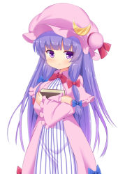 Rule 34 | 1girl, bad id, bad pixiv id, blue ribbon, blunt bangs, blush, book, capelet, crescent, crescent hair ornament, dress, hair ornament, hair ribbon, hakuto (28syuku), hat, hat ribbon, long hair, long sleeves, looking at viewer, mob cap, patchouli knowledge, purple eyes, purple hair, red ribbon, ribbon, sidelocks, simple background, solo, standing, striped clothes, striped dress, touhou, tress ribbon