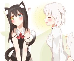 Rule 34 | 2girls, :&lt;, :d, ^ ^, animal ear fluff, animal ears, bare shoulders, black hair, black shirt, blue eyes, blush, cat ears, cat girl, cat tail, closed eyes, closed mouth, collared shirt, dog ears, dog girl, dog tail, flying sweatdrops, hair between eyes, heterochromia, highres, long hair, multiple girls, non (wednesday-classic), open mouth, original, personification, profile, shirt, sleeveless, sleeveless shirt, smile, squiggle, tail, tail raised, white hair, white shirt, yellow eyes