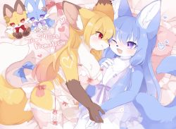 Rule 34 | 2girls, animal ear fluff, animal ears, asymmetrical docking, babydoll, bed, blonde hair, blue eyes, blue hair, blush, bra, breast press, breasts, cleavage, eye contact, face-to-face, fang, fox ears, fox girl, fox tail, furry, furry female, garter belt, garter straps, highres, holding hands, hoshimiii mi, long hair, looking at another, lying, multiple girls, on back, on side, one eye closed, open mouth, original, panties, pillow, pink bra, pink legwear, pink panties, purple babydoll, red eyes, smile, stuffed toy, tail, thighhighs, thighs, underwear, underwear only, yuri