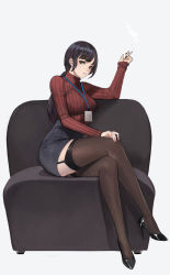 Rule 34 | 1girl, arm up, between fingers, black footwear, black hair, black skirt, black thighhighs, bobobong, breasts, brown eyes, cigarette, couch, crossed legs, full body, garter straps, hand on own knee, high-waist skirt, high heels, highres, holding, holding cigarette, id card, lanyard, lips, looking at viewer, original, patent heels, pencil skirt, pink lips, pinup (style), ponytail, pumps, red sweater, ribbed sweater, shoes, sidelocks, sitting, skirt, smoking, solo, stiletto heels, sweater, thighhighs, turtleneck, turtleneck sweater
