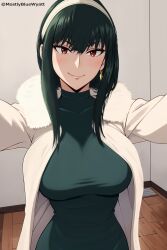 Rule 34 | 1girl, anachronism, black dress, black hair, breasts, closed mouth, coat, commentary, cosplay, dress, earrings, english commentary, fubuki (one-punch man), fubuki (one-punch man) (cosplay), fur-trimmed coat, fur trim, gold earrings, green dress, hair between eyes, hairband, hayami saori, highres, indoors, jewelry, large breasts, looking at viewer, mostlybluewyatt, one-punch man, open clothes, open coat, red eyes, selfie, smile, solo, spy x family, taut clothes, taut dress, turtleneck dress, voice actor connection, white coat, white hairband, yor briar