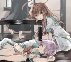 Rule 34 | 10s, 2girls, ahoge, brown eyes, brown hair, chibirisu, closed eyes, commentary request, fang, head on table, head rest, indoors, kantai collection, kuma (kancolle), long hair, lying, multiple girls, neckerchief, on floor, on side, open mouth, purple hair, red neckerchief, school uniform, short hair, shorts, sitting, table, tama (kancolle), twitter username
