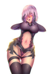 Rule 34 | 1girl, armor, black thighhighs, blush, breasts, cleft of venus, clothing cutout, covered erect nipples, cowboy shot, elbow gloves, eyelashes, eyes visible through hair, fangs, fate/grand order, fate (series), faulds, gloves, gluteal fold, groin, hair over one eye, hands on own cheeks, hands on own face, heart, heart-shaped pupils, heart tattoo, highres, looking at viewer, mash kyrielight, md5 mismatch, medium breasts, navel, navel cutout, navel piercing, nikuku (kazedesune), open mouth, piercing, pubic tattoo, purple eyes, purple gloves, purple hair, shiny clothes, short hair, simple background, solo, stomach, stomach tattoo, symbol-shaped pupils, tattoo, teeth, thigh gap, thigh strap, thighhighs, tongue, tongue out, tongue piercing, white background