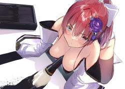 Rule 34 | 1girl, absurdres, all fours, bare shoulders, between breasts, black thighhighs, blush, breasts, calligraphy brush, cleavage, closed mouth, detached sleeves, dutch angle, flower, hair flower, hair ornament, hanging breasts, hetero, highres, hololive, houshou marine, koubou (cowbow kun), large breasts, long hair, long sleeves, looking at viewer, paintbrush, ponytail, purple flower, red eyes, red hair, simple background, sleeves past fingers, sleeves past wrists, solo, thighhighs, virtual youtuber, white background, yellow eyes