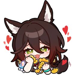 Rule 34 | 1girl, animal ears, bracelet, brown hair, chibi, chinese clothes, commentary, english commentary, fox ears, fox tail, furrowed brow, green eyes, hair between eyes, heart, honkai: star rail, honkai (series), jewelry, long hair, looking at viewer, official art, open mouth, solo, tail, tingyun (honkai: star rail), transparent background