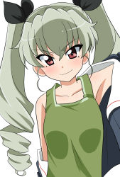 Rule 34 | 1girl, alternate costume, anchovy (girls und panzer), arm up, black ribbon, blue jacket, closed mouth, commentary, drill hair, girls und panzer, green hair, green shirt, highres, jacket, long hair, long sleeves, looking at viewer, military, military uniform, ooarai military uniform, open clothes, open jacket, red eyes, ribbon, riding crop, shirt, simple background, smile, solo, tank top, twin drills, twintails, uniform, upper body, wakku kan, white background