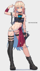 Rule 34 | 1girl, arm at side, asymmetrical legwear, bandaid, black footwear, black gloves, blonde hair, blue eyes, boots, bracelet, breasts, bright pupils, choker, commentary, contrapposto, earrings, english commentary, english text, finger gun, finger gun to head, fingerless gloves, full body, gas mask, gloves, grey background, grin, gun, hair between eyes, highres, jewelry, long hair, looking at viewer, mac-10/11, mask, mask around neck, messy hair, midriff, multiple earrings, navel, o-ring, o-ring bottom, o-ring panties, original, panties, ring, side-tie panties, sidelocks, simple background, single fingerless glove, single thigh boot, small breasts, smile, solo, standing, stitches, strapless, string panties, stud earrings, submachine gun, tattoo, thigh boots, thigh strap, thighhighs, trigger discipline, tube top, underwear, uneven legwear, very long hair, weapon, white pupils, wozora