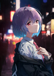 Rule 34 | 1girl, absurdres, blue hair, blurry, blurry background, city, closed mouth, collared shirt, gradient hair, gridman universe, hair between eyes, highres, jacket, kissshotmagia, long sleeves, looking at viewer, multicolored hair, necktie, night, off shoulder, open clothes, open jacket, outdoors, pink hair, pink necktie, red eyes, shinjou akane, shirt, short hair, smile, solo, ssss.gridman, upper body, white shirt