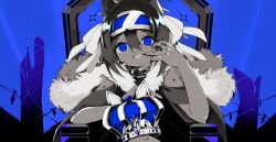 Rule 34 | 1girl, atsu toushirou (tenka hyakken), bare shoulders, blue background, blue eyes, blue theme, cape, capelet, clothing cutout, crown, english text, fang, fingernails, fur-trimmed cape, fur trim, greyscale with colored background, hair between eyes, hair ribbon, hairband, highres, jewelry, long fingernails, looking at viewer, mikanbako320, open mouth, out of frame, ribbon, short hair, shoulder cutout, shoulder rest, sidelocks, solo, tenka hyakken, throne