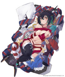 Rule 34 | 1girl, bare shoulders, bikini, black hair, black thighhighs, bound, bound wrists, breasts, candy, candy cane, christmas, cleavage, closed mouth, criss-cross halter, famae saf, food, frown, fur trim, girls&#039; frontline, gun, halterneck, highres, horns, knee up, large breasts, long hair, looking at viewer, lying, machine gun, multi-strapped bikini, multicolored hair, navel, official alternate costume, on back, ponytail, ranyu, red bikini, red ribbon, restrained, revealing clothes, ribbon, saf (cozy winter deliverer) (girls&#039; frontline), saf (girls&#039; frontline), solo, streaked hair, string bikini, submachine gun, swimsuit, thighhighs, two-tone hair, weapon, yellow eyes