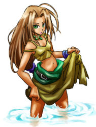 Rule 34 | 1girl, ahoge, akogi, arc the lad, arc the lad ii, brown hair, dress, green eyes, long hair, low-tied long hair, lowres, midriff, navel, sania, sania (arc the lad), solo, wading, water, yellow dress