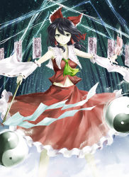 Rule 34 | 1girl, ascot, bamboo, bamboo forest, between fingers, black hair, bow, detached sleeves, expressionless, forest, frilled skirt, frills, gohei, grey eyes, hair bow, hair tubes, hakurei reimu, highres, holding, kz nagomiya, looking at viewer, midriff, nature, navel, ofuda, orb, outstretched arms, pale skin, ribbon-trimmed sleeves, ribbon trim, short hair, skirt, skirt set, solo, spread arms, touhou, yin yang