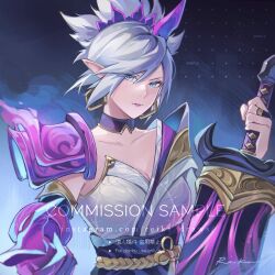 Rule 34 | 1girl, absurdres, breasts, collarbone, colored skin, commission, detached sleeves, earrings, grey hair, hand up, highres, holding, holding sword, holding weapon, jewelry, large breasts, league of legends, multicolored background, pink skin, pointy ears, ring, riven (league of legends), sample watermark, shiro-hane, short hair, shoulder plates, single shoulder pad, solo, spirit blossom riven, sword, watermark, weapon, web address