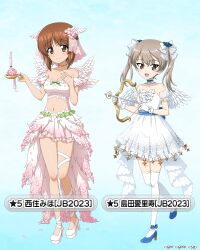 Rule 34 | 2girls, alternate hairstyle, angel wings, arrow (projectile), bare shoulders, blue background, blue choker, blue footwear, blue sash, bow, bow (weapon), bridal veil, brown eyes, brown hair, candle, candlestand, character name, choker, closed mouth, commentary request, cropped shirt, cupid, detached sleeves, dress, girls und panzer, girls und panzer senshadou daisakusen!, hair bow, hand on another&#039;s chest, high heels, holding, holding bow (weapon), holding weapon, jewelry, leg ribbon, light brown hair, looking at viewer, medium hair, midriff, miniskirt, multiple girls, navel, necklace, nishizumi miho, off-shoulder shirt, off shoulder, official alternate costume, official art, open mouth, pink skirt, pink wings, pleated skirt, puffy detached sleeves, puffy sleeves, ribbon, sash, shimada arisu, shirt, short dress, short hair, skirt, smile, standing, standing on one leg, star (symbol), strapless, strapless dress, thighhighs, translated, twintails, veil, waist cape, watermark, weapon, white bow, white dress, white footwear, white shirt, white thighhighs, white wings, wing hair ornament, wings