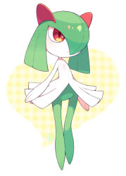 Rule 34 | 1girl, artist name, blush, child, closed mouth, colored skin, creatures (company), dot mouth, expressionless, female focus, flat chest, full body, game freak, gen 3 pokemon, green hair, green skin, hair over one eye, heart, heart background, heart in eye, kirlia, light blush, medium hair, moyori, multicolored skin, nintendo, pokemon, pokemon (creature), red eyes, signature, simple background, solo, standing, symbol in eye, thigh gap, two-tone background, two-tone skin, white skin, yellow background