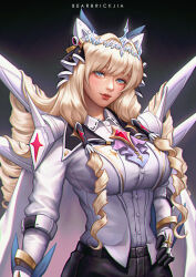 Rule 34 | armored gloves, artist name, black shorts, blonde hair, blue eyes, blush, breasts, coat, collared shirt, crown (nikke), diadem, drill hair, goddess of victory: nikke, hair ornament, hand on own hip, headgear, jewelry, karmen loh, large breasts, lips, long hair, looking at viewer, necklace, nose, shirt, shorts, white coat, white shirt