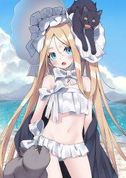 Rule 34 | 1girl, abigail williams (fate), abigail williams (swimsuit foreigner) (fate), abigail williams (swimsuit foreigner) (third ascension) (fate), bare shoulders, beach, bikini, black cat, black jacket, blonde hair, blue eyes, blue sky, bonnet, bow, breasts, cat, day, fate/grand order, fate (series), forehead, hair bow, highres, jacket, long hair, miniskirt, navel, ocean, off shoulder, open clothes, open jacket, open mouth, outdoors, parted bangs, shore, sidelocks, skirt, sky, slumcat, small breasts, swimsuit, thighs, twintails, very long hair, wet, white bikini, white bow, white headwear