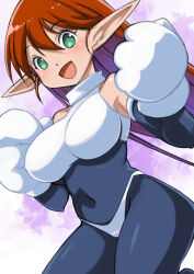 Rule 34 | 1girl, :d, absurdres, aqua eyes, bare shoulders, bikini, blue bodysuit, bodysuit, bodysuit under clothes, breasts, covered navel, galaxy fight, gloves, hair between eyes, hands up, highleg, highleg bikini, highres, large breasts, long hair, long pointy ears, looking at viewer, muramasa mikado, no panties, one-piece swimsuit, open mouth, orange hair, pointy ears, roomi, smile, solo, straight hair, swimsuit, turtleneck, turtleneck one-piece swimsuit, white bikini, white gloves