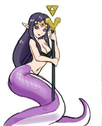 Rule 34 | 1girl, breasts, cleavage, grin, lamia, looking at viewer, monster girl, nintendo, pointy ears, princess hilda, purple hair, red eyes, simple background, smile, solo, staff, the legend of zelda, the legend of zelda: a link between worlds
