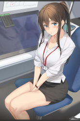 Rule 34 | 1girl, between legs, black skirt, blue eyes, blush, breasts, brown hair, calculator, chair, cleavage, collarbone, collared shirt, crossed bangs, feet out of frame, from above, hand between legs, highres, indoors, large breasts, long hair, long sleeves, looking at viewer, looking up, miniskirt, original, pallad, parted lips, ponytail, shirt, sitting, skirt, solo, thighs, white shirt