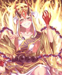 Rule 34 | 1girl, bare shoulders, blonde hair, claws, earrings, fate/grand order, fate (series), female focus, fire, grin, horns, ibaraki douji (fate), japanese clothes, jewelry, kimono, long hair, looking at viewer, newton, off shoulder, oni, oni horns, short kimono, smile, solo, yellow eyes, yellow kimono