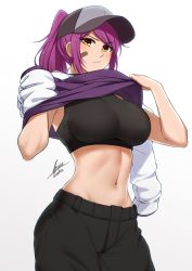 Rule 34 | 1girl, :/, absurdres, airisubaka, artist name, bandaid, bandaid on cheek, bandaid on face, baseball cap, black pants, black sports bra, breasts, commentary, cowboy shot, frown, gradient background, grey background, groin, hat, highres, large breasts, leah (airisubaka), long hair, long sleeves, midriff, navel, original, pants, ponytail, purple hair, raised eyebrow, signature, simple background, solo, sports bra, toned, undressing, white background, yellow eyes