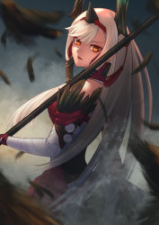 Rule 34 | 1girl, absurdres, bird, crow, fate/grand order, fate (series), feathers, highres, kiichi hougen (fate), long hair, orange eyes, over shoulder, polearm, solo, spear, t800, weapon, weapon over shoulder, white hair