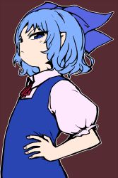 Rule 34 | 1girl, :&lt;, ane, bad id, bad pixiv id, blouse, blue eyes, blue hair, cirno, collared shirt, dress, from side, hair ribbon, hand on own hip, matching hair/eyes, pinafore dress, ribbon, shirt, short hair, sleeveless dress, solo, touhou, white shirt